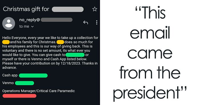 Man Gets An Email From Company President Asking To Fund Owner’s Christmas Gift, Goes On A Rant