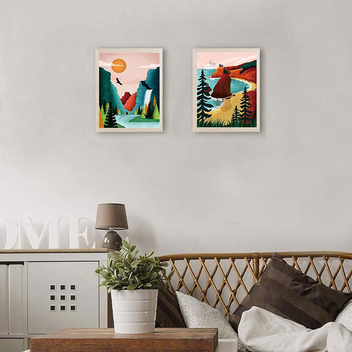 Colorful painting above the bed in bedroom 