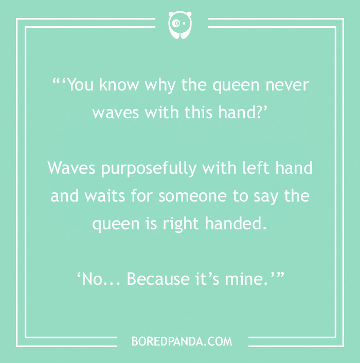 Funny dad joke about the queen waving with a hand; features playful text on a green background.