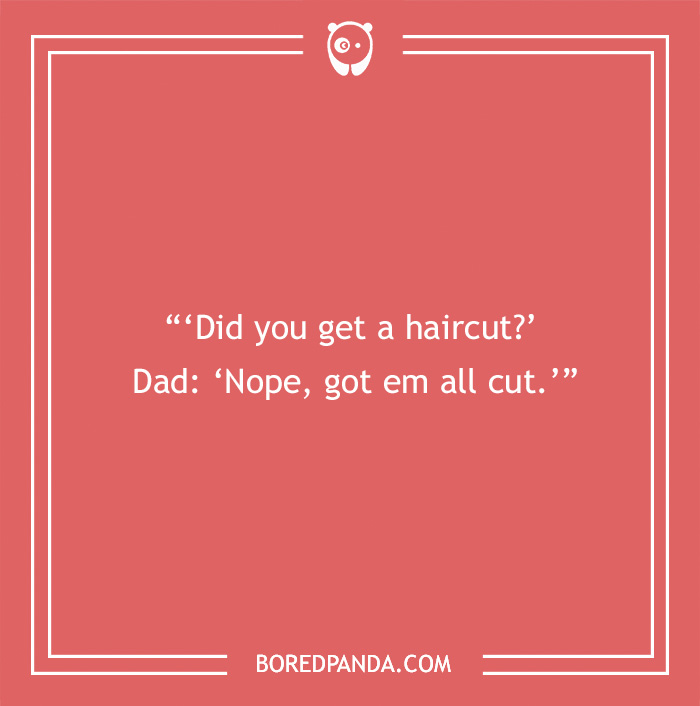 Dad joke about a haircut on a red background from BoredPanda.com.