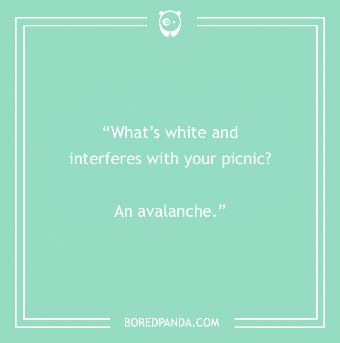 Funny dad joke about an avalanche interfering with a picnic, on a green background.