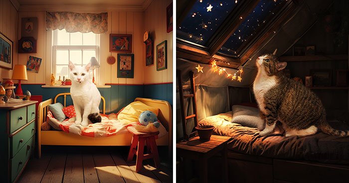 I Am A Photographer Who Created 16 Portraits Of Adoptable Cats Living In Their Dream Houses In Photoshop