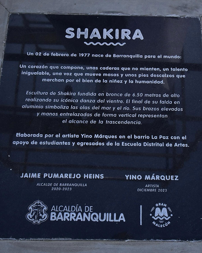 Plaque of Shakira's statue unveiling in Barranquilla, Colombia, details artist Yino Márquez's collaboration. Plaque of Shakira's statue unveiling in Barranquilla, Colombia, details artist Yino Márquez's collaboration.