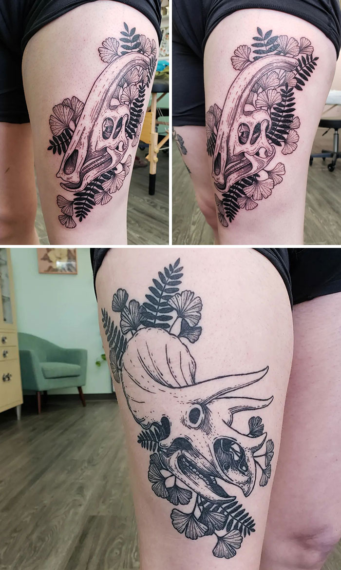 Custom Parasaurolophus Skull For Louise. I Did A Triceratops Skull On Their Other Thigh Back In March, And I Had A Great Time Creating Another Dino Skull To Mirror That One