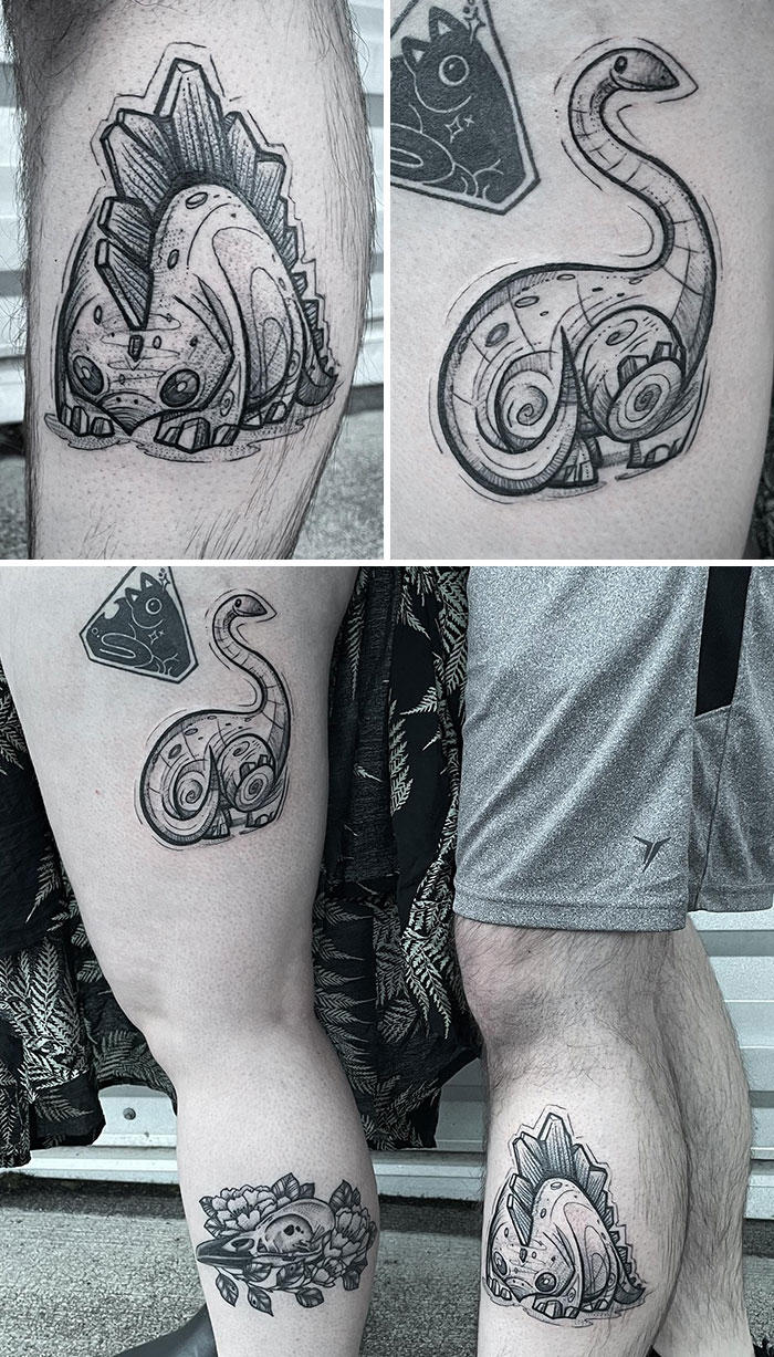 Pair Of Sketchy Style Dinos For Tyler (First Tattoo) And Lauryn Yesterday (Surrounding Tattoos Not By Me)