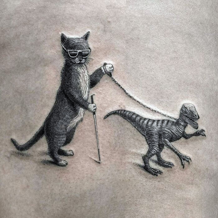 A Blind Cat Walking His Guiding Velociraptor