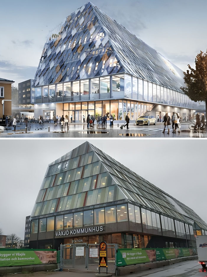 Växjö's New Municipal Building. Render vs. Real Building