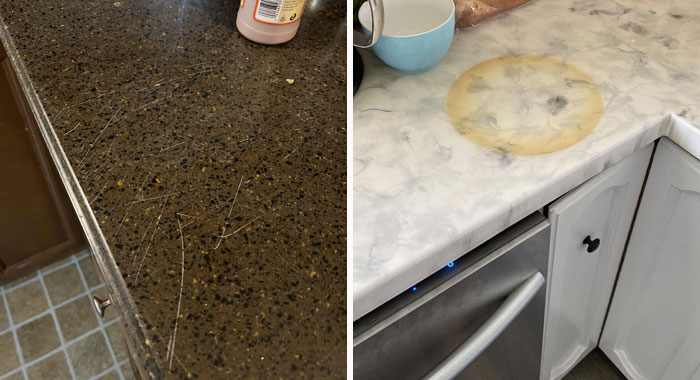 Scratched brown epoxy countertop and yellow stain on a bright white countertop