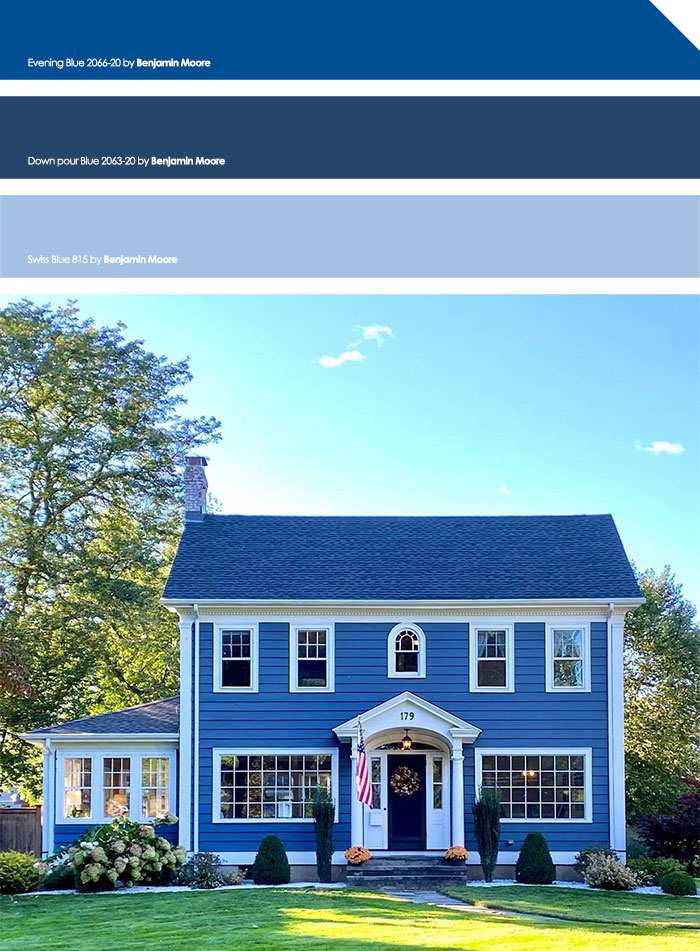 Blue painted house with American flag