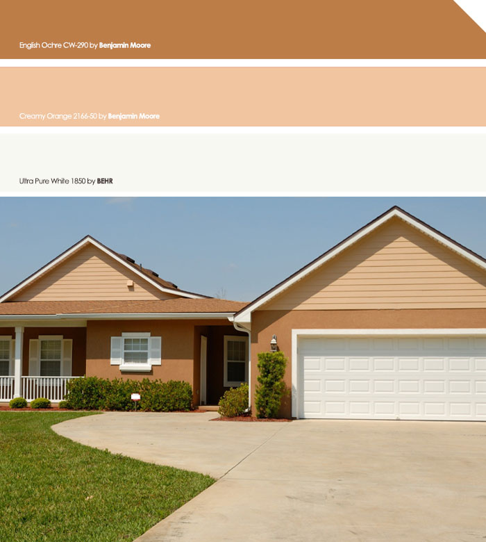 Beige exterior house colors with white garage door and trim, showcasing attractive curb appeal in the neighborhood.