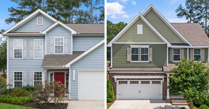 Two modern houses side by side showcasing popular exterior house colors for neighborhood curb appeal.