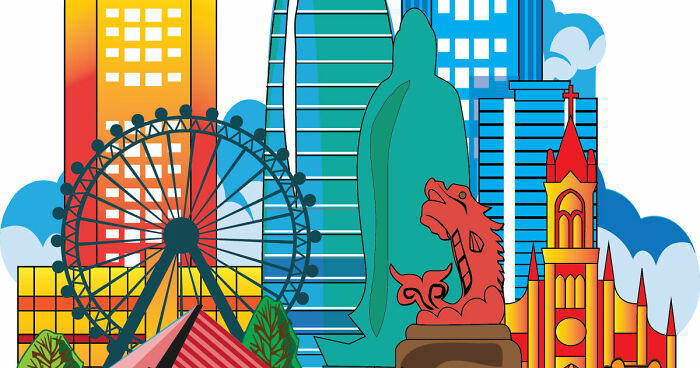 Colorful cityscape illustration featuring modern buildings and sculptures, ideal for designing gifts from wood inspiration.