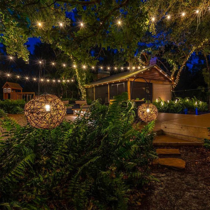 Front yard with string lights