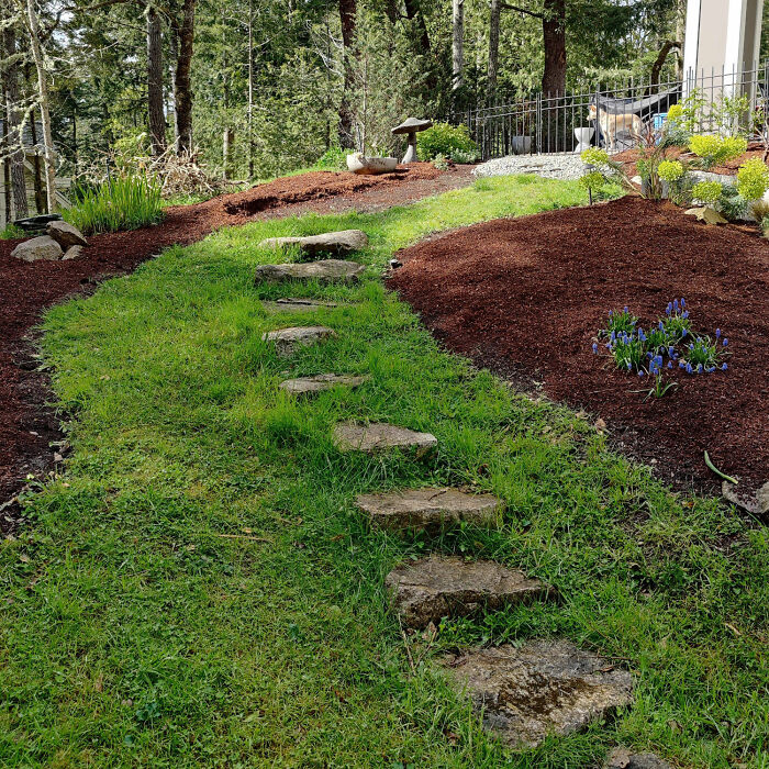 Nature stone pathway with plant beds