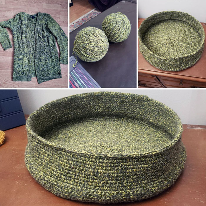 Picked Up A Used Cardigan That Turned Out To Look Much Better In The Picture Than In Person, So I Turned It Back To Yarn And Crocheted The Yarn Into A Cat Bed