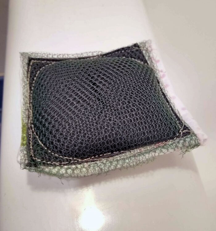 Made A Scrubber With Leftover Materials. Made This From Leftover Flannel Fabric, Old Bra Inserts, And Netting Fabric In Under 10 Minutes With My Sewing Machine