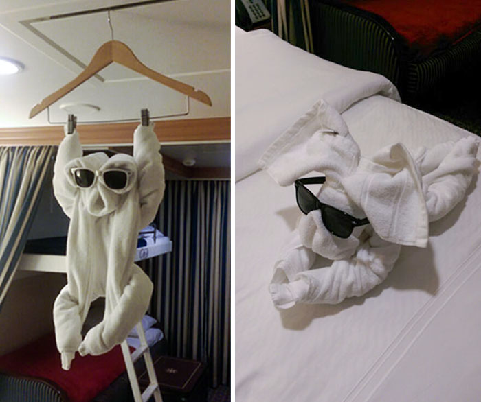 How The Cleaning Service Attendant Left Us Fresh Towels. He Even Used Our Sunglasses. So Perfect