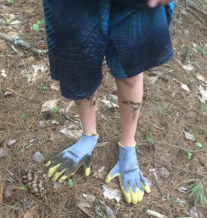 My Little Brother Wearing Gloves On His Feet When Walking In The Woods Because He Left His Shoes Inside
