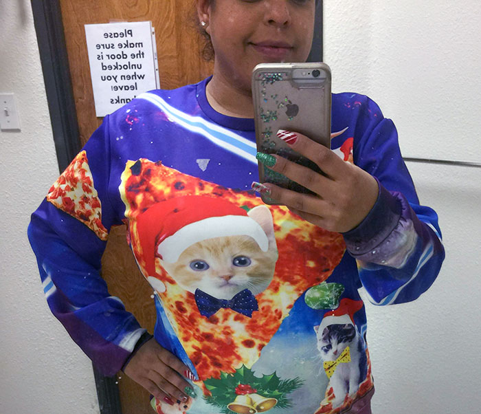 We're Having An Ugly Christmas Sweater Contest At Work. I Found This Gem For $6 At The Texas Thrift. I Really Hope I Win