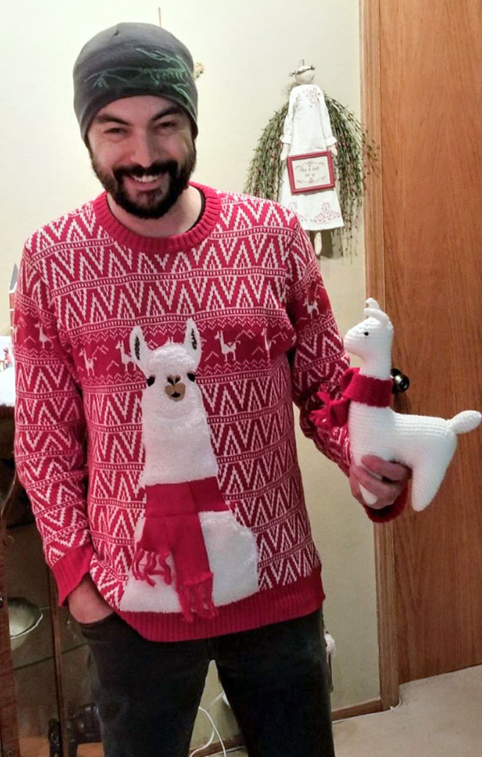 My Boyfriend With His Ugly Christmas Sweater And A Llama I Made For Him