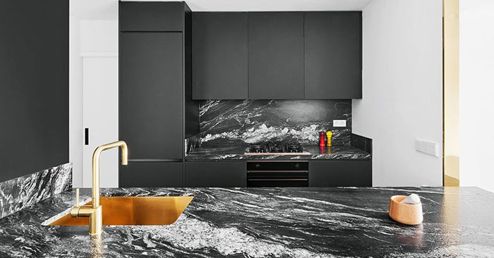 A leather-finish black granite countertop. A leather-finish black granite countertop.