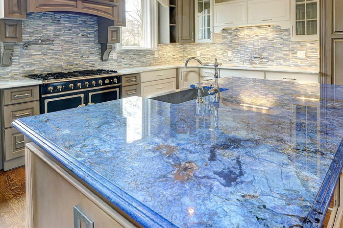 A bright Blue Bahia granite kitchen countertop.