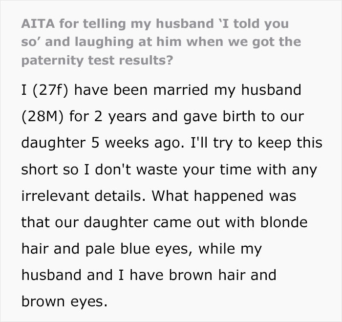 Text post about a man freaking out over baby’s hair color and wife laughing at paternity test results. Text post about a man freaking out over baby’s hair color and wife laughing at paternity test results.