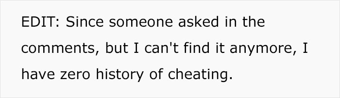 Text image showing a person clarifying they have zero history of cheating after being asked in comments. Text image showing a person clarifying they have zero history of cheating after being asked in comments.