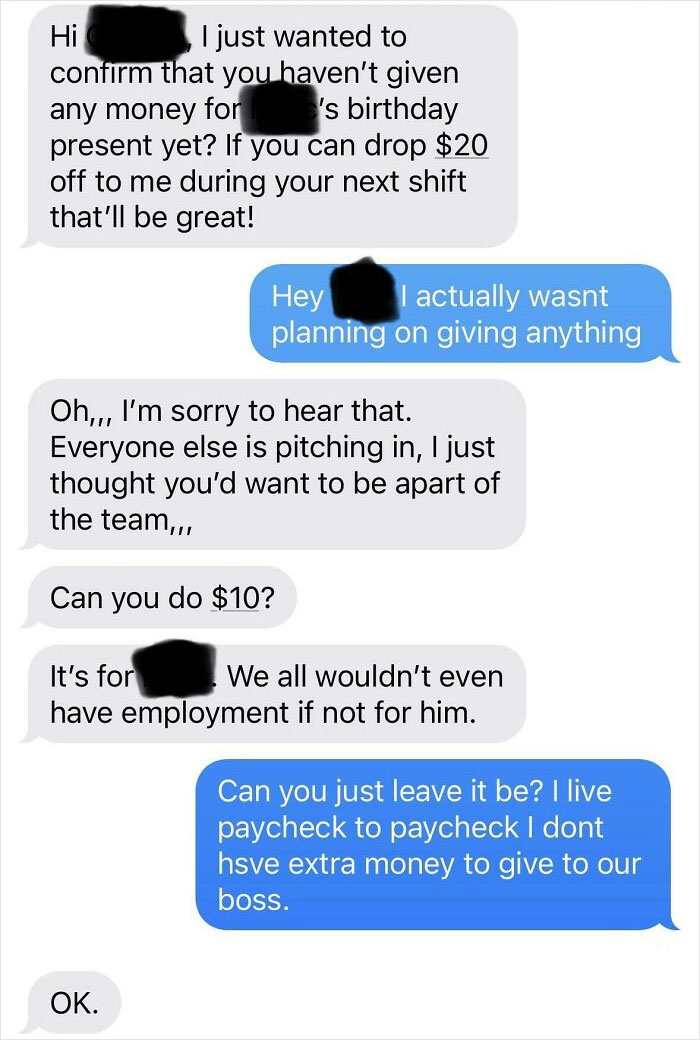 Office Manager Tries To Bully Me Into Giving Money For A Present For Our Millionaire Boss