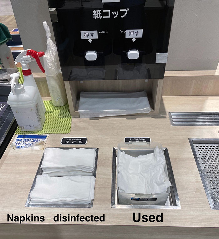 Shopping Mall Food Court In Japan Offers Napkins To Wipe Tables. Everyone Unfolds Their Used Napkins And Stacks Them Neatly