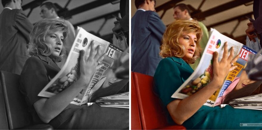 Actress Monica Vitti Reading Magazines At The Airport In Rome, July 1961