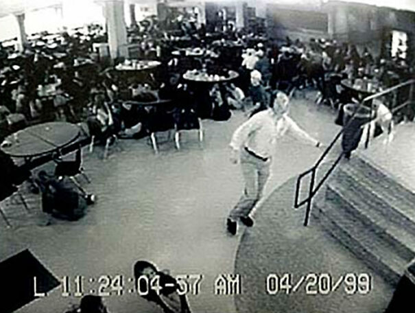 Columbine high school massacre footage where William “Dave” Sanders guiding kids