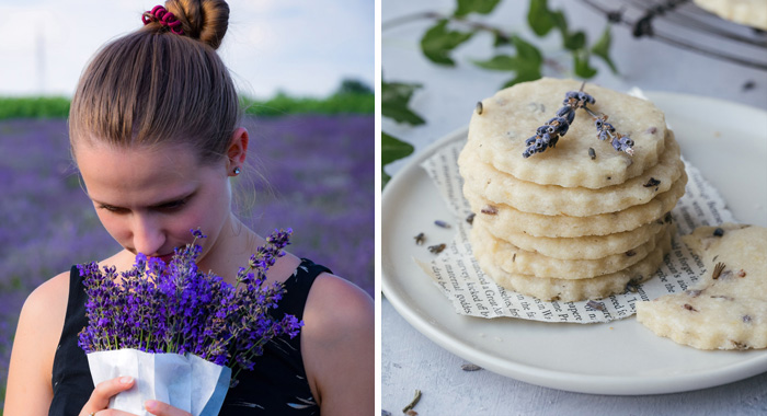 woman smelling bouquet of purple lavender on the left image, cookies with lavender flowers on plate on the right image