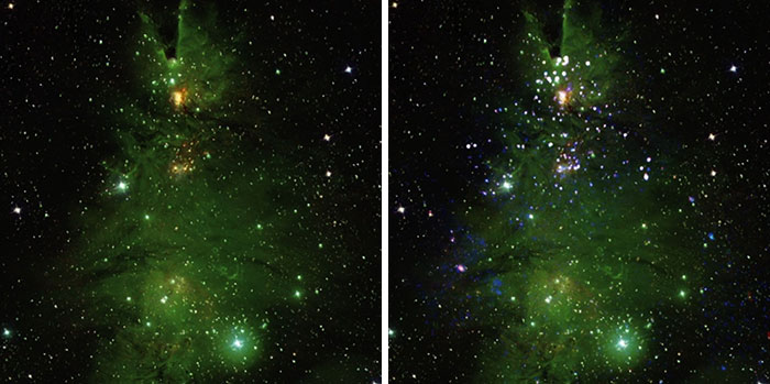 NASA Finds Cluster Of Young Stars That Looks Exactly Like A “Cosmic Christmas Tree”