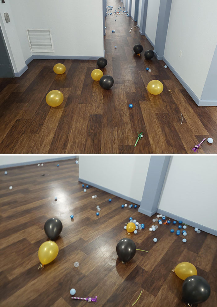 Neighbors Were Too Lazy To Properly Clean Up After New Year's Eve, So They Just Swept Their Trash Into The Corridor
