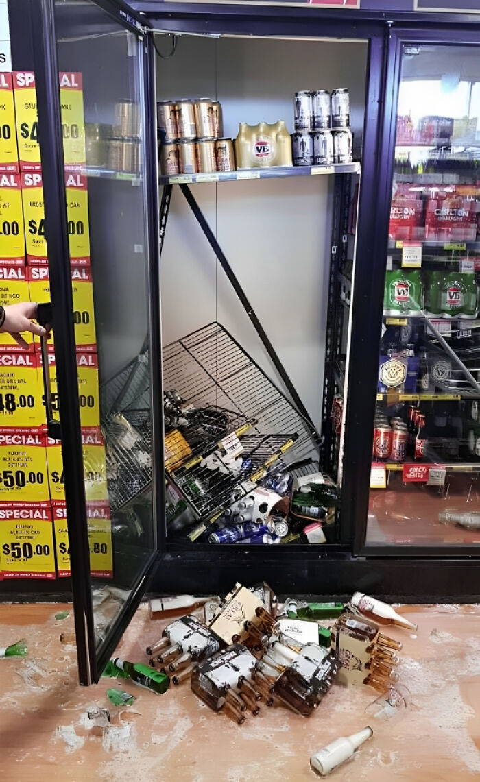 New Year's Eve At Work A Few Years Back. Was Refilling The Stock On The Bottom Shelf And The Whole Thing Collapsed, Almost Caught My Arm