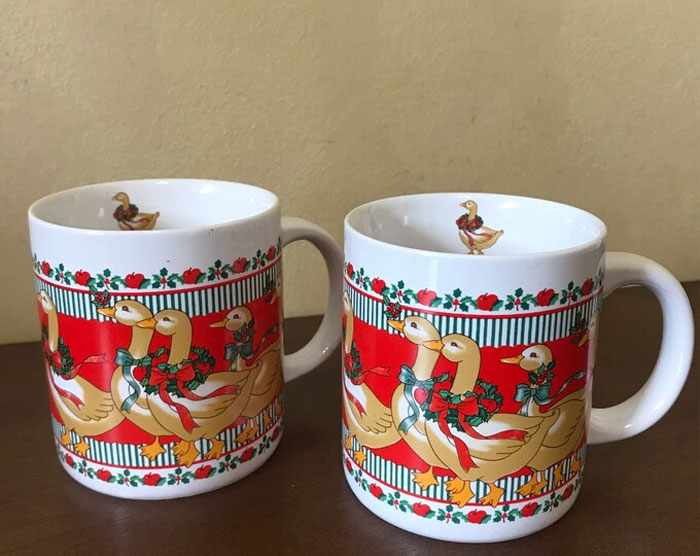 Sipping Hot Cocoa From Mugs With Festive Country Christmas Geese