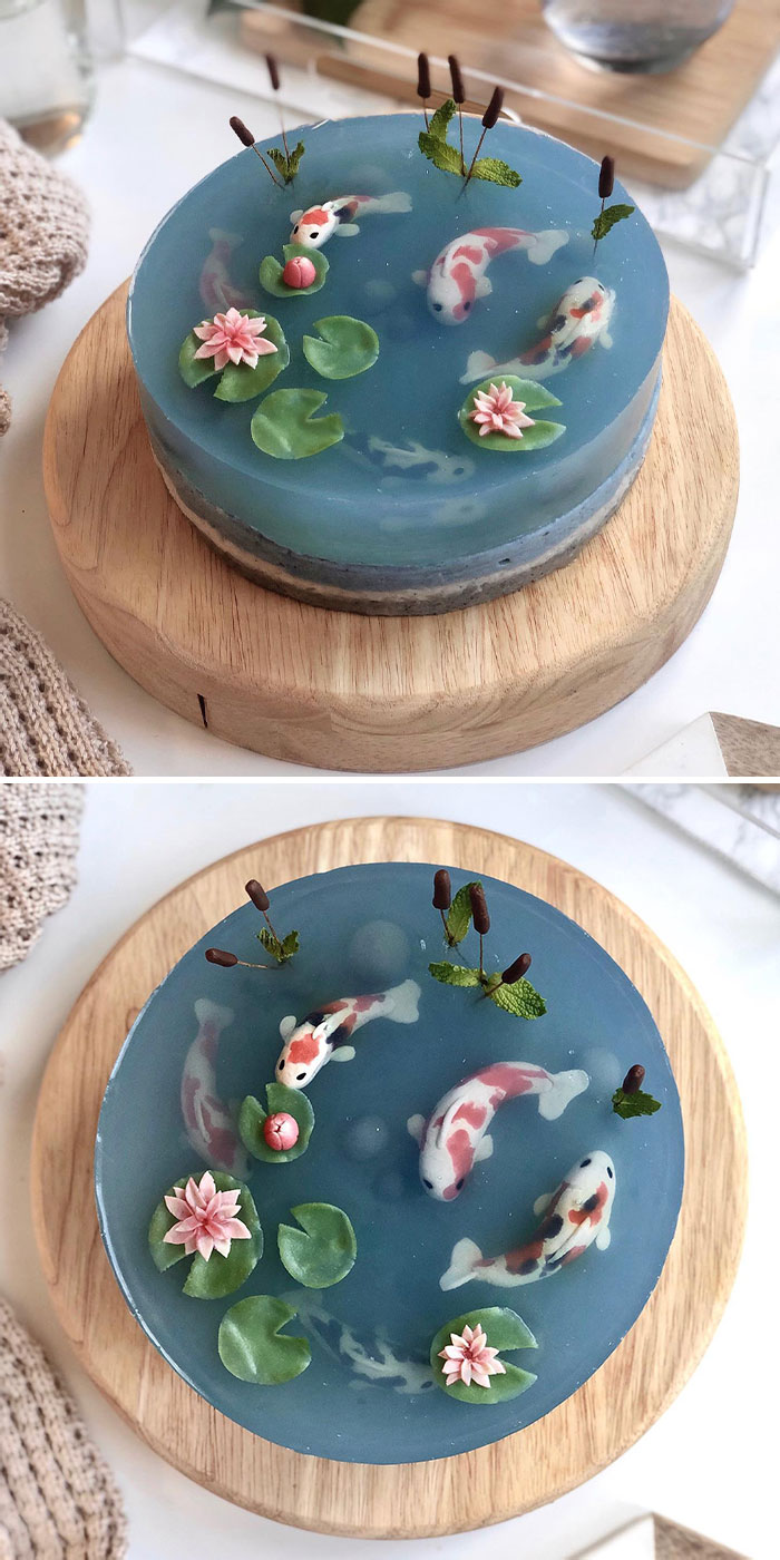 A Koi Pond Mousse Cake For Father’s Day. Everything On The Cake Is Edible