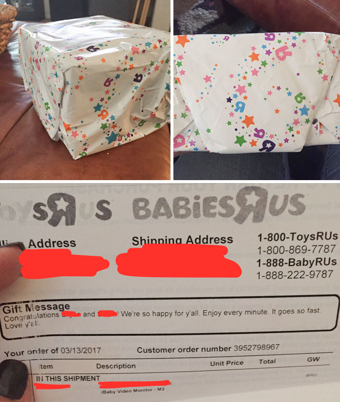 I Ordered A Baby Shower Gift For A Friend From Babies R Us And Paid An Extra $5 For A Gift Wrap With A Gift Message. Gift Message Printed On Invoice With Contents Listed
