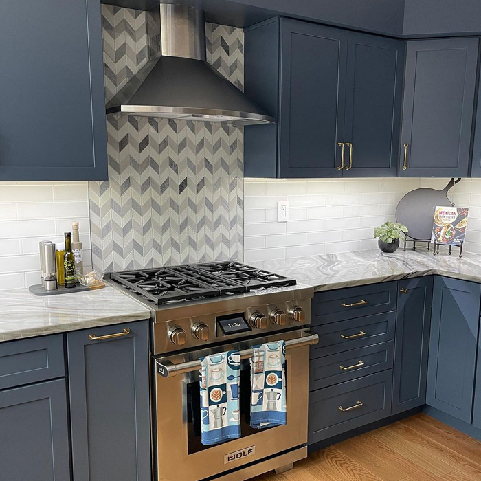 Blue-painted kitchen cabinets