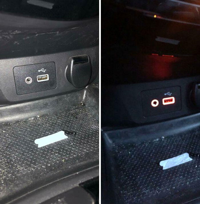 The USB And Aux Port In My Moms Car Glows At Night So You Can Plug Them In Without Much Hassle