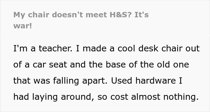 Teacher Makes A DIY Chair From A Car Seat But Principal Replaces It With A Cheap One, Regrets It