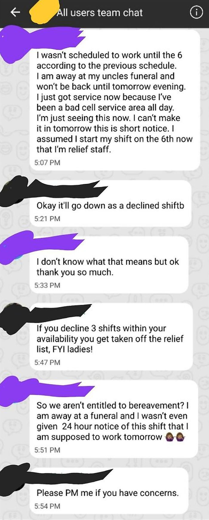 17 Hours Notice For A Shift While Out Of Town For A Funeral