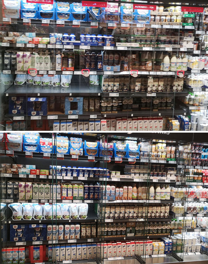 I Work In Retail, And My Job Is To Tidy Up The Shelves. Today, The Milk Section Looked Very Chaotic, So I Decided To Take A Before And After Picture