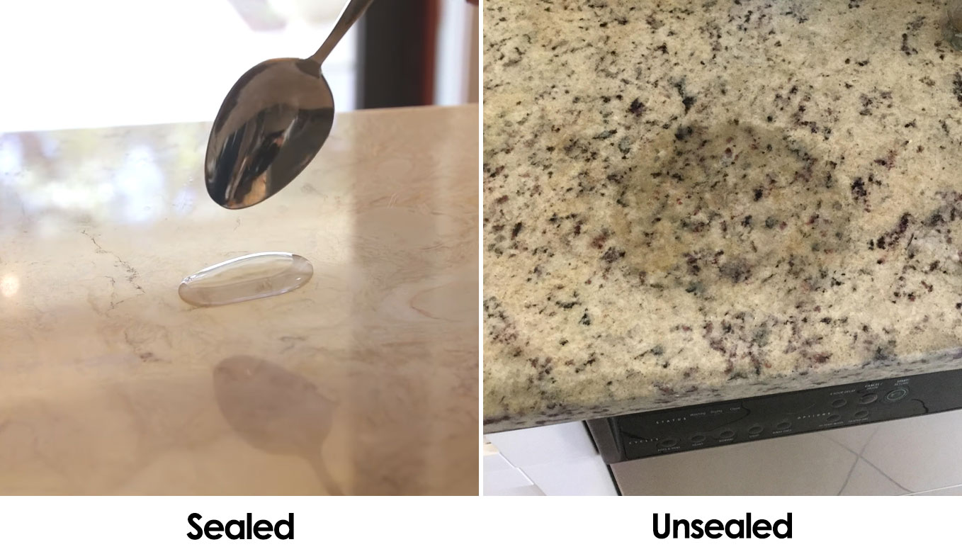 Examples of sealed and unsealed granite countertop.