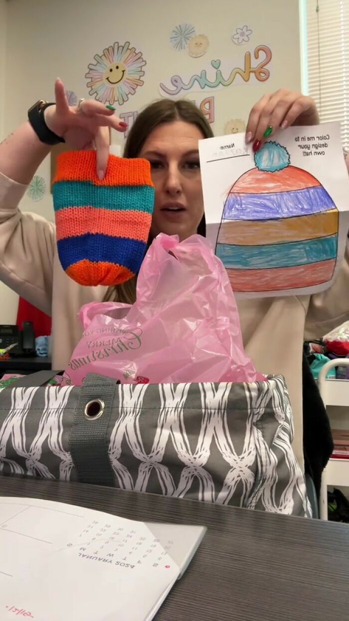 Teacher Surprises Class As Her Mom Makes Colorful Winter Hats Based On Their Drawings