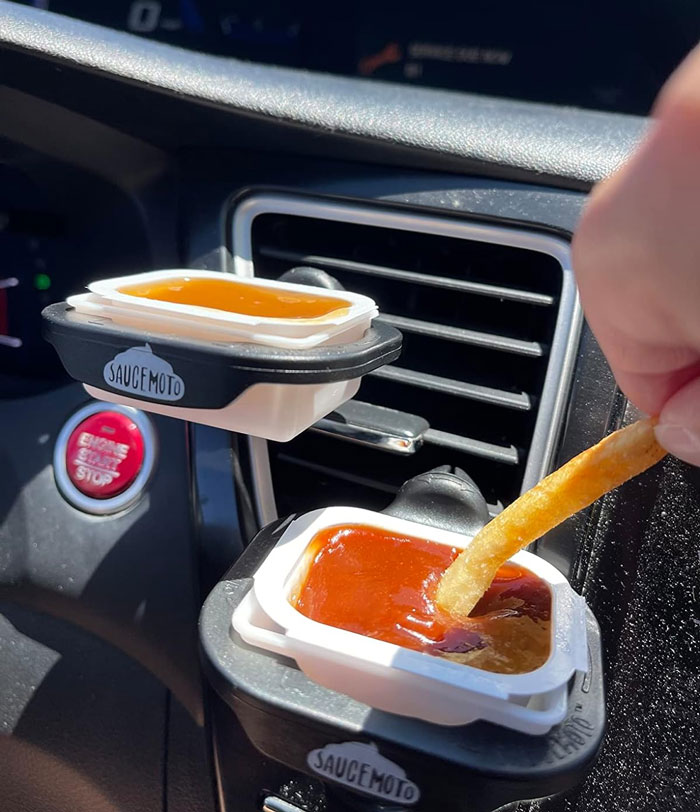 Saucemoto Dip Clip: Say goodbye to messy car rides with this universally mounted dip clip, perfect for holding your sauce securely even when off-road, it's the perfect gift for sauce lovers, letting you enjoy your fries with ketchup every time.