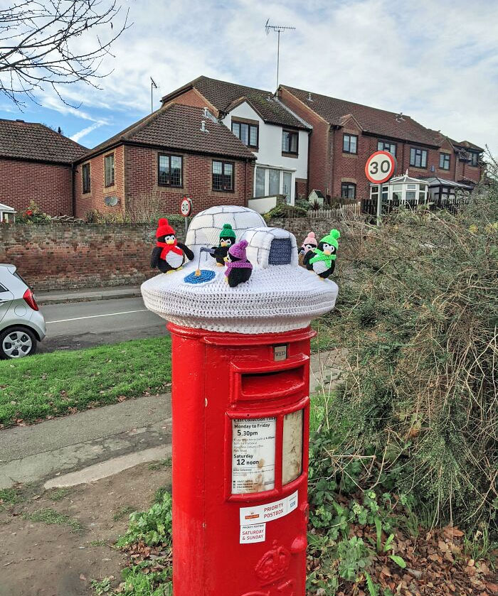 Every Year On December 1st Someone Puts A Knitted Hat On Top Of The Post Box At The End Of My Road. This Year's Is The Best So Far. It Looks Very Cute