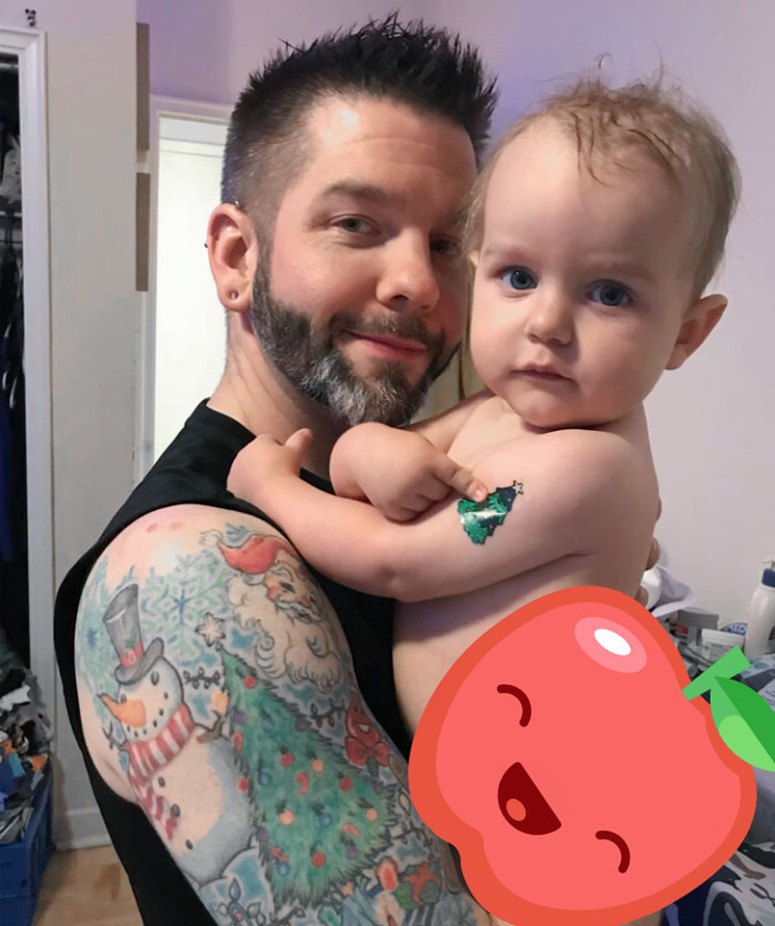 My Son And I Showing Off Our Matching Christmas Tree "Tattoos"