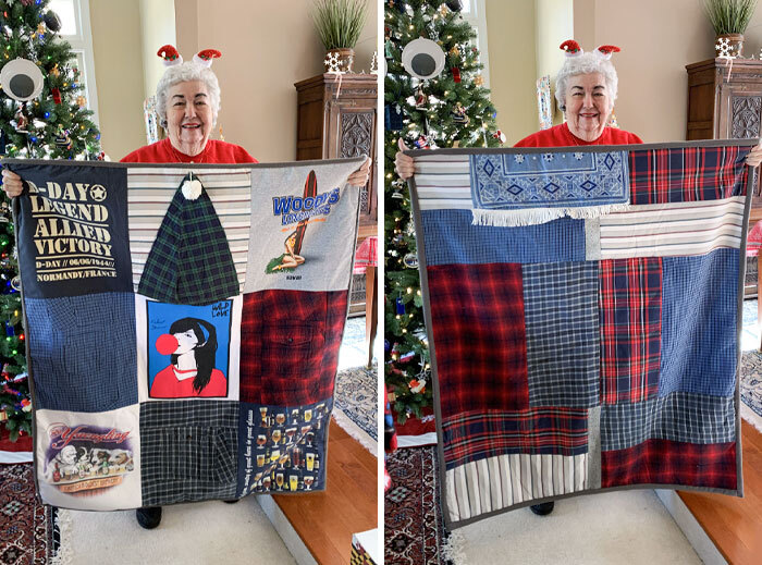 I Gave Mom A Blanket Made From My Dad's Shirts. This Is Her First Christmas Without Him Since He Passed In January 2021